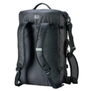 Black backpack with multiple straps on a white background