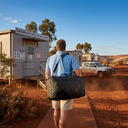 Man with a black duffel bag walking towards a small building in a desert-like setting.